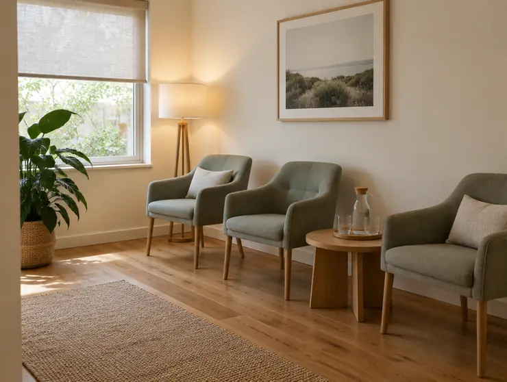 The small waiting area, with chairs spaced apart
