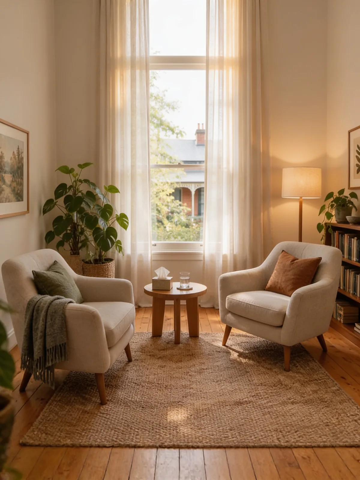 One of our consulting rooms, with two armchairs and afternoon light