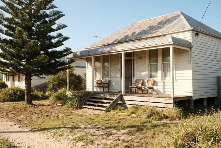 Weatherboard cottage with an iron roof and a front verandah on a sandy block, a Norfolk Island pine beside it.