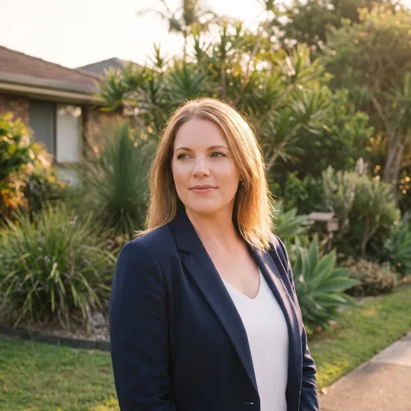 Hayley Rourke in a navy blazer, standing in a leafy front garden in late afternoon light.
