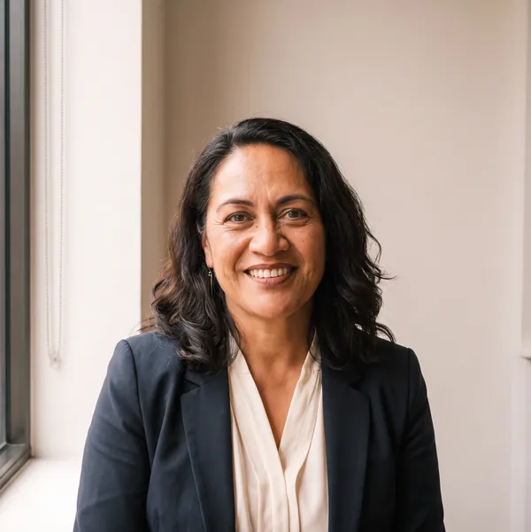 Kiri Walker, smiling, in a navy jacket and cream blouse, by a bright office window.