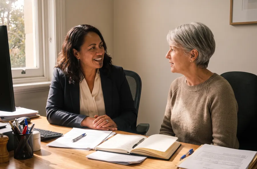 Kiri Walker and an older woman with short grey hair, in a beige jumper, talking across a timber desk covered in notebooks and papers in a bright office.