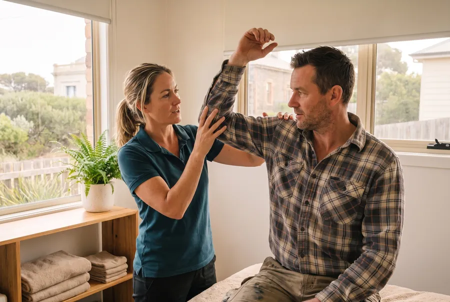 Jess checking how far a client in a flannel shirt can raise his arm, one hand on his elbow.