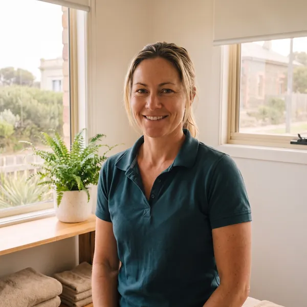 Jess Calder, smiling, in a teal polo shirt in the treatment room.
