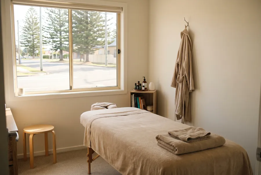 The treatment room: a table made up with sand-coloured towels, a stool, a robe on a hook and Norfolk pines through the window.