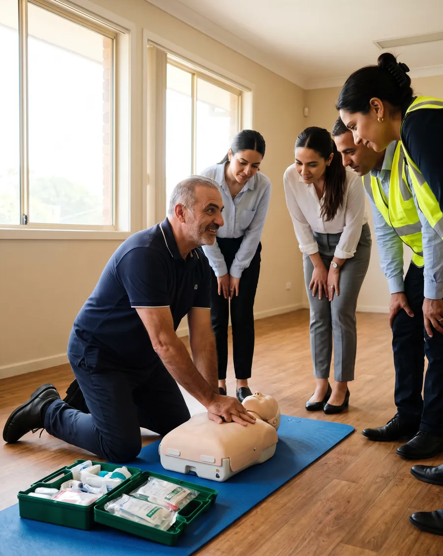 Theo Pappas, smiling, showing chest compressions on a CPR manikin while four people from a local workplace lean in to watch.
