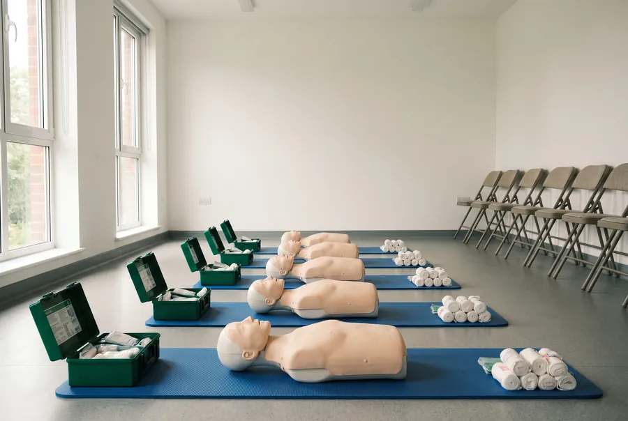 The training room set up for a first aid course: manikins on blue mats in a row, a first aid kit and bandages beside each one, chairs along the wall.