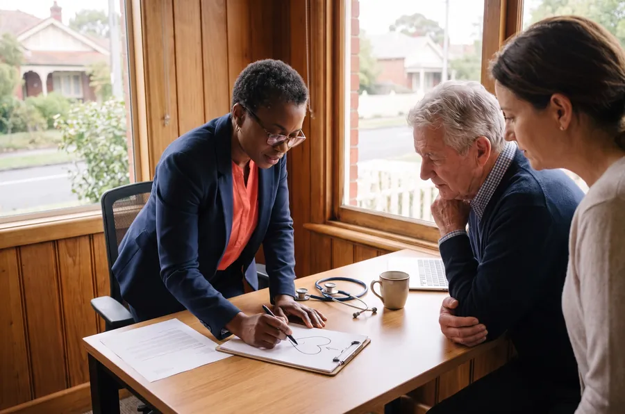 Dr Oduya draws a heart on a notepad as she explains it to an older man and the woman with him.