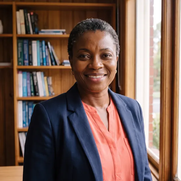Dr Helen Oduya, smiling, in a navy jacket in front of her bookshelf.