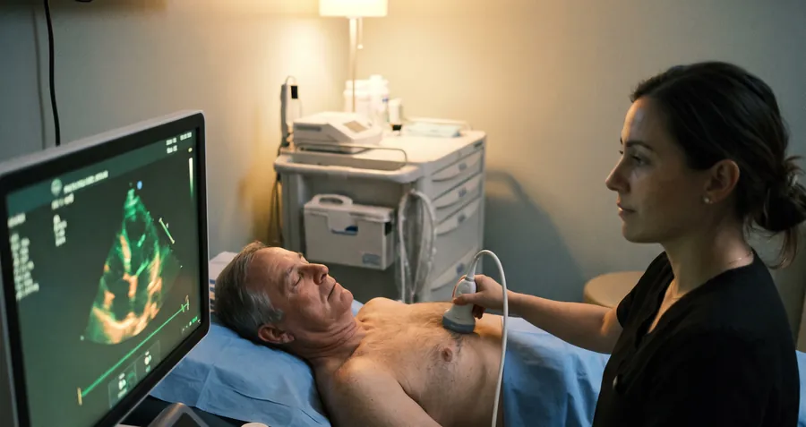 A heart ultrasound in progress: a man lies on the examination bed while the sonographer holds the probe and watches the screen.