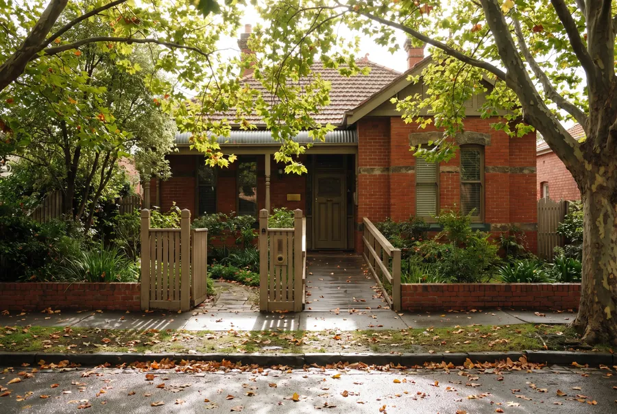The rooms from the street: a red-brick Edwardian house behind a low brick fence, a timber gate and a plane tree.