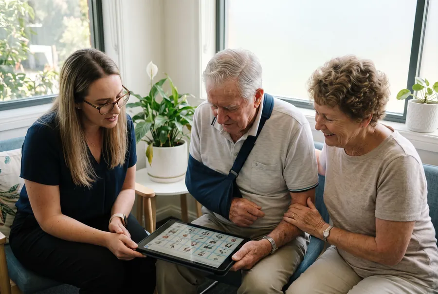 Bridie, a speech pathologist, shows a talking app on a tablet to an older man with his arm in a sling and his wife.