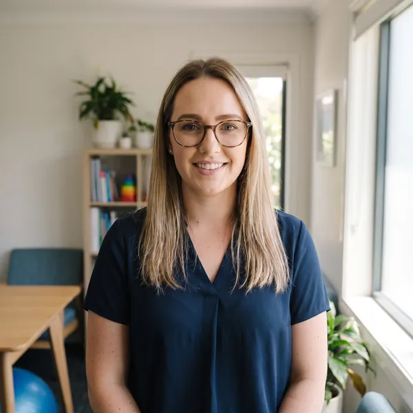 Bridie Kavanagh, in glasses, in a therapy room.