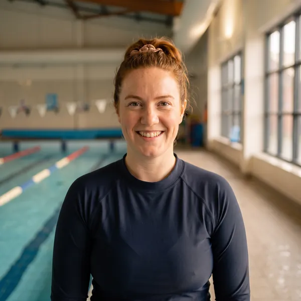 Ciara Moloney, head teacher, smiling on the pool deck in a navy rash top.
