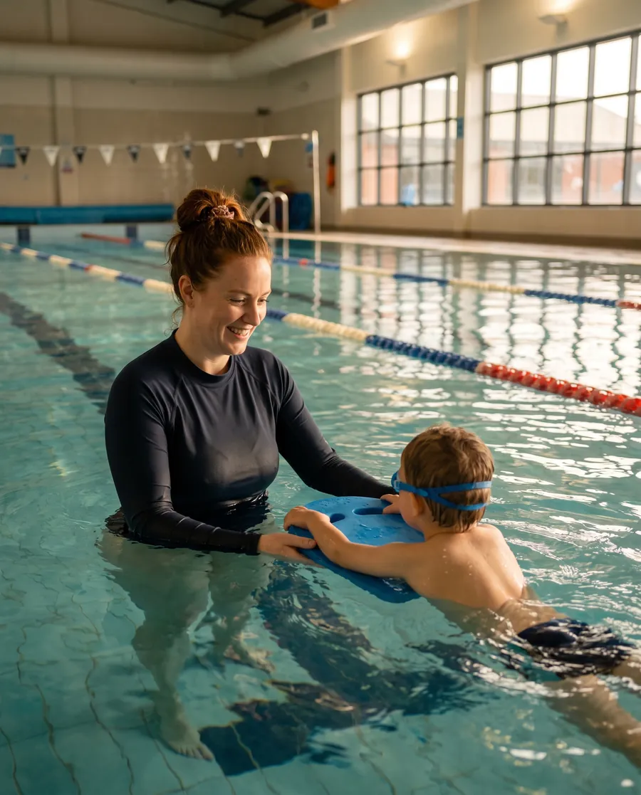 Ciara Moloney, the head teacher, smiling at a preschooler in goggles as he kicks on a blue kickboard in the warm indoor pool.