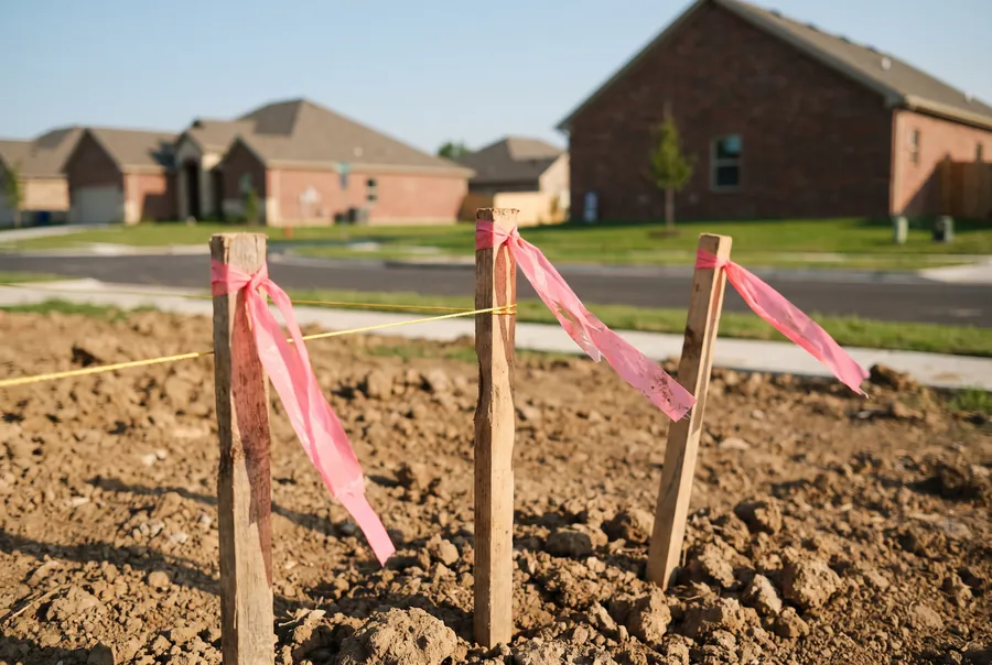 Three timber survey pegs tied with pink tape in freshly turned soil, with a string line between them