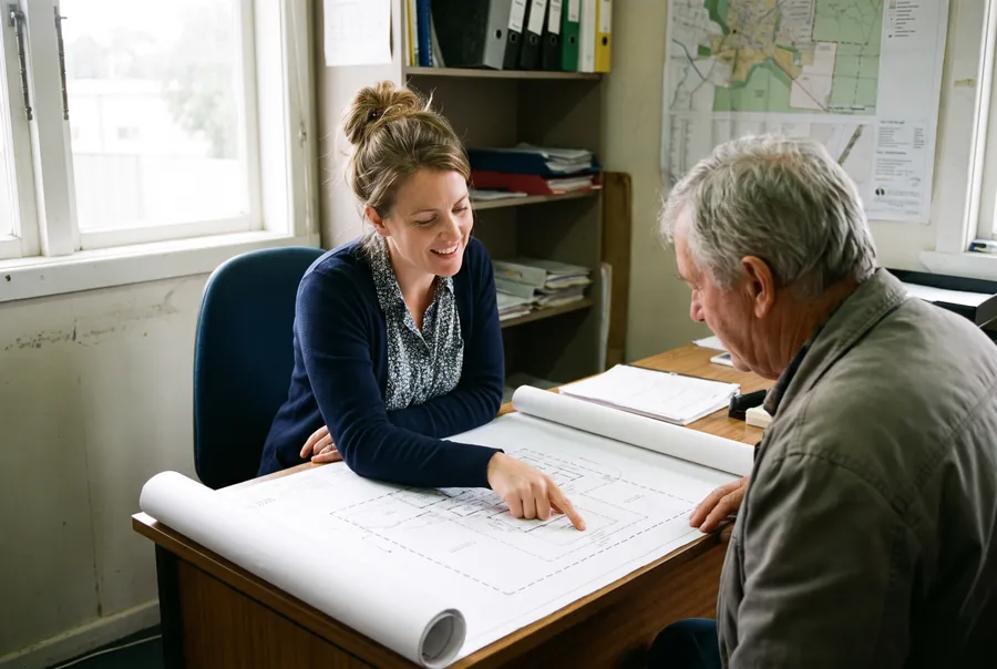Anouk de Vries, smiling, pointing to a site plan on her desk