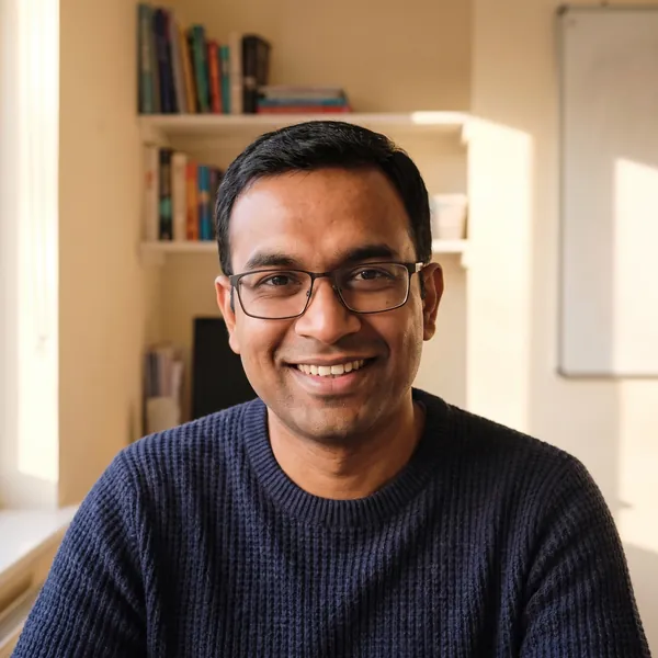 Dilan Perera, smiling, in a navy jumper and glasses.