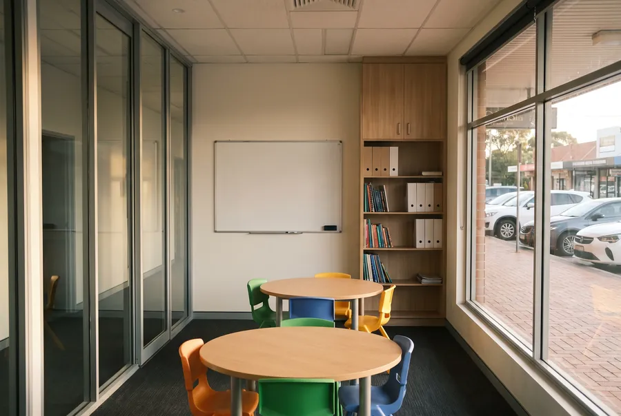 One of the tutoring rooms: round tables with coloured chairs, a whiteboard and bookshelves, a glass wall on one side and the shopfront window on the other.