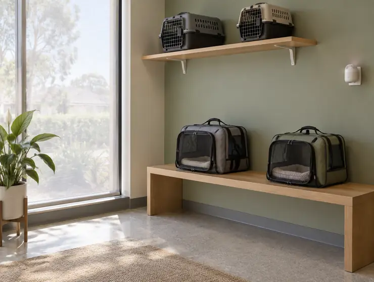 Cat carriers on a raised shelf and a low bench, in a quiet corner by the window