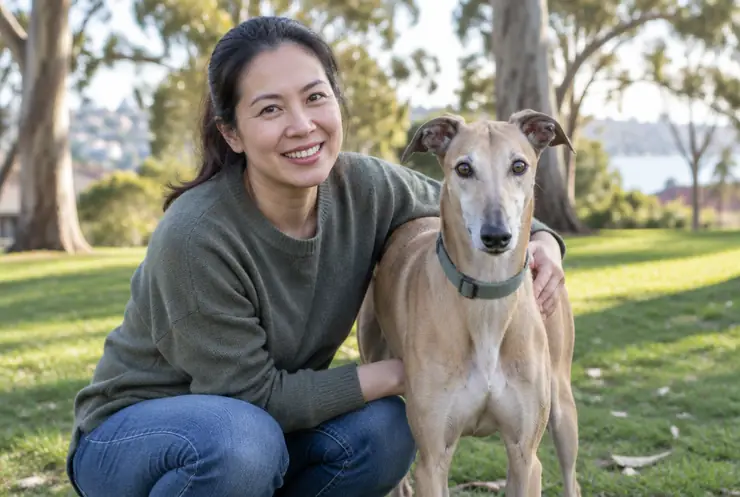 Dr Anh Nguyen with her retired racing greyhound, Biscuit