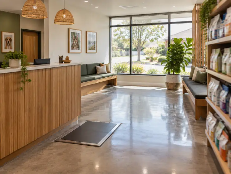 The reception desk and waiting room, with bench seating along the window
