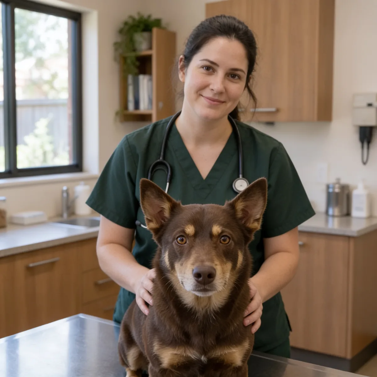 Steph, one of our vet nurses, with Rusty the kelpie on the consult table, both looking at the camera