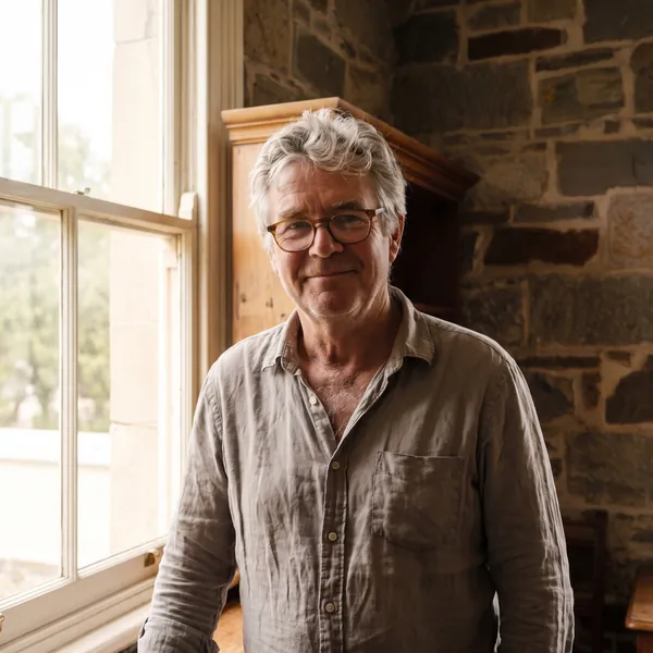 Peter Hollis in a linen shirt by the window of the Summer Street office